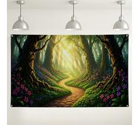 Sfondo con foresta incantata, sfondo fotografico colorato con sentieri floreali, ideale per eventi interni ed esterni, decorazioni per feste a tema natura, 180 x 109 cm