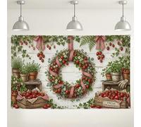 Sfondo con ghirlanda di fragole, decorazioni floreali rustiche, sfondo fotografico per interni ed esterni, per eventi primaverili ed estivi, 180 x 109 cm