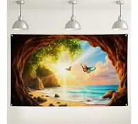 Sfondo con grotta sulla spiaggia, decorazioni tropicali con tramonto naturale, paesaggio oceanico, sfondo fotografico per feste ed eventi, 180 x 109 cm