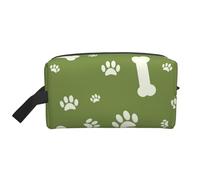 Sfondo con impronte di zampe di cane e ossa su sfondo verde. Organizer per cosmetici di grande capacità, borsa da viaggio per il trucco da donna.