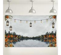 Sfondo con lanterne rustiche e vista lago, decorazioni autunnali vintage per cabina fotografica, perfetto per feste e incontri autunnali, 180 x 109 cm