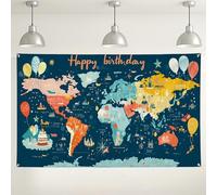 Sfondo con mappa del mondo di buon compleanno, decorazioni colorate per feste a tema viaggio, divertente sfondo fotografico per celebrazioni, adatto per tutte le stagioni 180 x 109 cm