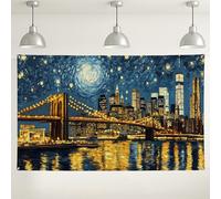 Sfondo con paesaggio urbano notturno stellato, decorazioni artistiche da parete con ponte, skyline di New York, sfondo per interni ed esterni, per eventi fotografici, elementi essenziali per feste