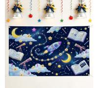 Sfondo con razzo, fantasioso sfondo educativo con stelle, libri, blu navy, sfondo fotografico per interni ed esterni, decorazione per feste, eventi, celebrazioni, 180 x 109 cm