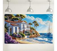 Sfondo con scena costiera mediterranea, sfondo decorativo con paesaggi naturali vivaci, ideale per feste in spiaggia, eventi estivi, fotografia interna/esterna, 180 x 109 cm