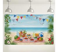 Sfondo con scena da picnic sulla spiaggia, decorazioni tropicali per feste estive, banner colorati e frutta, sfondo per foto per eventi fotografici, uso esterno/interno, 180 x 109 cm