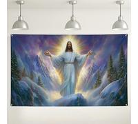 Sfondo con scena della natura celeste, design sereno montuoso per feste ispiratrici, eventi religiosi, celebrazioni invernali, decorazioni per le vacanze, 180 x 109 cm
