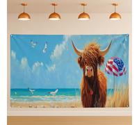Sfondo con scena della spiaggia delle mucche delle Highland, decorazioni stravaganti per feste, sfondo per cabina fotografica sul mare estivo per forniture fotografiche, 180 x 109 cm