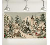 Sfondo con scena di villaggio invernale, accoglienti decorazioni natalizie rustiche per feste festive, sfondo fotografico con paesaggio innevato, 180 x 109 cm