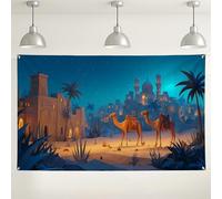 Sfondo con scena notturna nel deserto, decorazioni per feste a tema oasi di cammello, sfondo esotico per eventi fotografici, ideale per celebrazioni estive, 180 x 109 cm