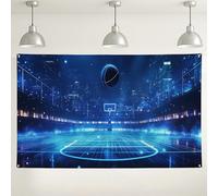 Sfondo con scena notturna sul campo da basket, sfondo grafico sportivo luminoso al neon, perfetto per eventi fotografici e decorazioni per feste, ideale per feste di compleanno a tema sportivo, 180 x