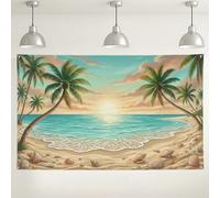 Sfondo con scena tropicale sulla spiaggia, decorazione con vista sull'oceano e palme, sfondo fotografico estivo per feste ed eventi, 180 x 109 cm