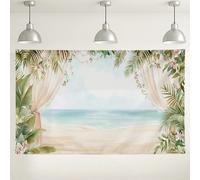 Sfondo con scena tropicale sulla spiaggia, design ad acquerello con paradiso floreale, vista sull'oceano, sfondo fotografico per decorazioni per feste estive, temi di matrimoni e vacanze, 180 x 109 cm