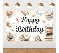 Sfondo con scritta "Happy Birthday", 1,5 x 0,9 m, acquerello vintage a tema libro, decorazione per feste, tessuto in vinile con occhielli rinforzati e nastro bianco, per feste di compleanno, sfondo