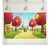 Sfondo con sentiero dei cartoni animati di buon compleanno, divertenti decorazioni natalizie colorate, sfondo per feste per eventi per bambini, forniture di compleanno a tema all'aperto, 180 x 109 cm