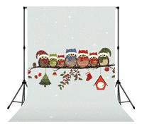 Sfondo con stampa di simpatici gufi natalizi su un ramo per servizi fotografici e ritratti, oggetti di scena per studio fotografico e feste