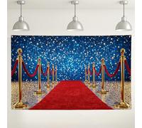 Sfondo con tappeto rosso, eleganti decorazioni blu glitterate per feste, sfondo fotografico per interni ed esterni, per celebrazioni, tema Hollywood, eventi di Capodanno, 180 x 109 cm