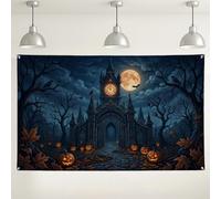 Sfondo con torre dell'orologio, gotico spettrale Jack-o'-Lantern Luna Halloween sfondo nero banner per foto cabina fotografica fotografia festa evento decorazione 180 x 109 cm