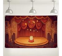 Sfondo con torta di compleanno sul palco del teatro, elegante tenda rossa decorazioni per feste, sfondo festivo per interni ed esterni, sfondo fotografico per eventi celebrazioni, 180 x 109 cm