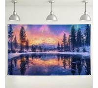 Sfondo con tramonto sul lago di montagna, sfondo fotografico scenico della natura, decorazione invernale del paese delle meraviglie, perfetto per feste di vacanza, accoglienti eventi interni, 180 x