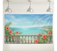 Sfondo con vista sull'oceano tropicale, decorazione floreale per feste, sfondo a tema spiaggia per eventi fotografici, decorazione estiva per interni ed esterni, 180 x 109 cm