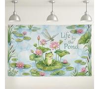 Sfondo con vita da laghetto, decorazioni per feste ad acquerello, anfibi e fiori di ninfea, verde e pesca, per interni ed esterni, per eventi, celebrazioni, 180 x 109 cm