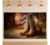 Sfondo country western, decorazioni rustiche con stivali da cowboy e cappello, fienile interno/esterno, sfondo per fotografia del Ringraziamento o giorno dell'indipendenza, forniture 180 x 109 cm