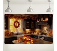 Sfondo da cucina con zucca autunnale, accogliente sfondo fotografico autunnale, forniture per feste di raccolta, forniture per festa del Ringraziamento, festa di Halloween, 180 x 109 cm