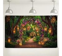 Sfondo da giardino floreale incantato, fantasiose decorazioni romantiche della natura, sfondo con lanterna illuminata per matrimoni, feste, eventi stagionali, 180 x 109 cm