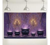 Sfondo da parete a calderone mistico, decorazioni per feste di pozione incantata, sfondo viola fantasia per Halloween, forniture per cabina fotografica di Halloween, 180 x 109 cm