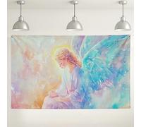 Sfondo da parete ad acquerello con angelo, sfondi artistici eterei morbidi pastello, decorazione fotografica divina per celebrazioni, eventi spirituali. 180 x 109 cm
