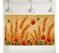 Sfondo da parete autunnale con grano, decorazione rustica autunnale per fotografia, motivo foglie d'acero e pigne, decorazioni per feste del Ringraziamento e del raccolto, 180 x 109 cm