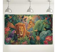 Sfondo da parete con animali della giungla, sfondo fotografico colorato con scena della natura tropicale, perfetto per baby shower, feste di compleanno ed eventi per bambini, 180 x 109 cm