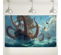 Sfondo da parete con avventura nautica, nave pirata e polpo fantasy, decorazione scena fantasy a tema oceano, sfondo fotografico per feste, Halloween e compleanni, 180 x 109 cm
