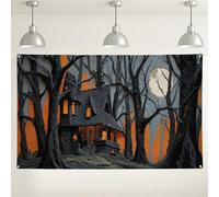 Sfondo da parete con casa infestata, decorazioni per Halloween, foresta spettrale, sfondo gotico scuro per feste, forniture per foto autunnali stagionali, 180 x 109 cm