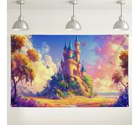 Sfondo da parete con castello fantasy, sfondo fotografico panoramico della natura incantata, decorazione magica per esterni, per feste, forniture per eventi estivi nel paese delle meraviglie 180 x 109