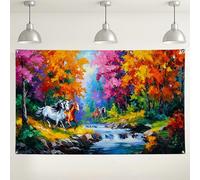 Sfondo da parete con cavalli autunnali e natura, vivace sfondo fotografico artistico paesaggistico, decorazione colorata per feste ed eventi autunnali, temi di raccolta per interni ed esterni, 180 x