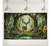 Sfondo da parete con cervi della foresta, decorazioni artistiche colorate floreali della natura, sfondo fotografico verde primavera per feste, eventi all'aperto, 180 x 109 cm