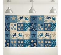 Sfondo da parete con creature oceaniche nautiche, decorazioni da spiaggia a tema costiero blu e beige, sfondo fotografico con granchi oceanici e stelle marine per eventi estivi per feste estive, 180 x