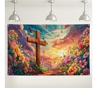 Sfondo da parete con croce floreale, sfondo colorato per fotografia naturalistica, bella decorazione primaverile per feste di Pasqua o eventi religiosi, 180 x 109 cm