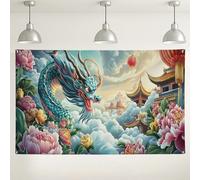 Sfondo da parete con drago cinese, sfondo fotografico scenico fantasy vivace, arte floreale colorata per matrimoni, festival e celebrazioni culturali, 180 x 109 cm