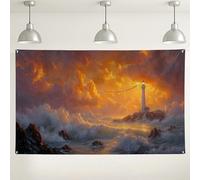 Sfondo da parete con faro costiero, tramonto sull'oceano, decorazione artistica vivida, sfondo fotografico per feste, eventi estivi sulla spiaggia, decorazione per la casa nautica, 180 x 109 cm