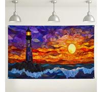 Sfondo da parete con faro e tramonto, sfondo fotografico con scena costiera in vetro colorato, decorazioni per feste per interni ed esterni, forniture per foto estive sulla spiaggia, 180 x 109 cm