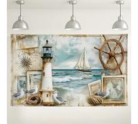 Sfondo da parete con faro, stile nautico, stile vintage, rustico, per fotografia, spiaggia, vela, decorazione per interni ed esterni, per feste estive e matrimoni, 180 x 109 cm