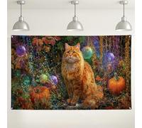 Sfondo da parete con gatto autunnale, arte felina colorata, decorazione magica per gli amanti degli animali, sfondo fotografico autunnale per Halloween e celebrazioni del Ringraziamento, 180 x 109 cm