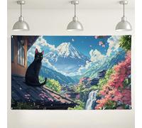 Sfondo da parete con gatto con vista sulle montagne, sfondo fotografia naturalistica anime, decorazione per la stanza per eventi, forniture per feste primaverili/estive, 180 x 109 cm