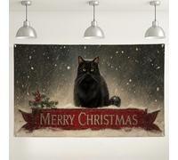 Sfondo da parete con gatto Merry Christmas, decorazione vintage per vacanze, sfondo fotografico, design felino nero per eventi festivi interni ed esterni, 180 x 109 cm
