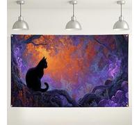 Sfondo da parete con gatto mistico, foresta incantata, design artistico per fotografie, decorazioni per feste di Halloween, uso interno/esterno, 180 x 109 cm