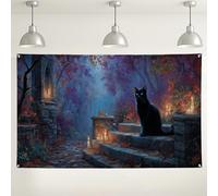 Sfondo da parete con gatto mistico, foresta incantata, sfondo fotografico di Halloween, decorazioni per feste autunnali spettrali per eventi e celebrazioni, 180 x 109 cm