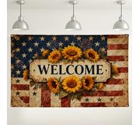 Sfondo da parete con girasole di benvenuto, decorazioni floreali rustiche vintage, sfondo patriottico rosso, bianco e blu, per eventi interni ed esterni, forniture per feste estive del 4 luglio, 180 x